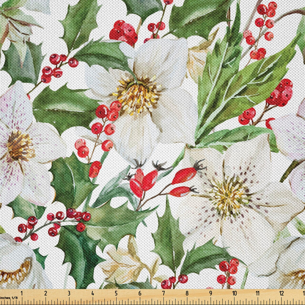 Ambesonne Watercolor Fabric by The Yard, Christmas Themed Floral Poinsettia Winter Inspirations Berries Leaf, Decorative Satin Fabric for Home Textiles and Crafts, 5 Yards, Vermilion Green Yellow